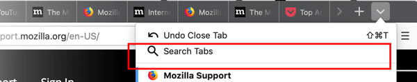 Browser tab menu open with the 'Search Tabs' option highlighted, multiple Mozilla tabs open in the background.