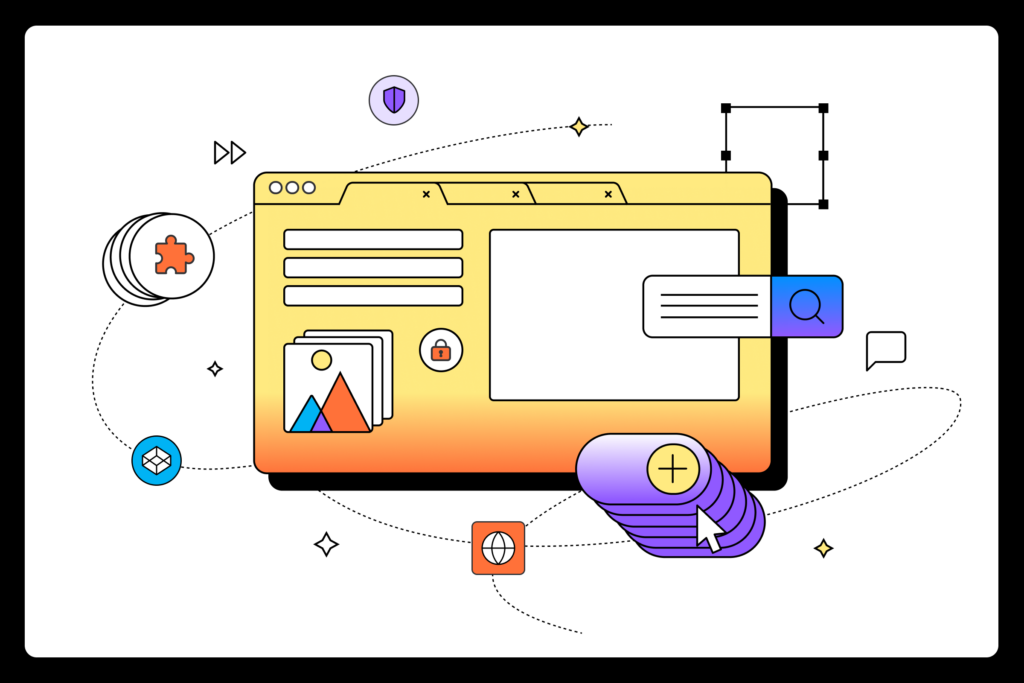 Illustration of a web browser window with multiple tabs, icons for search, security, plugins, and multimedia files, and a large cursor clicking a stack of buttons. Various abstract shapes and dotted lines connect the icons, representing online activities and interactions.