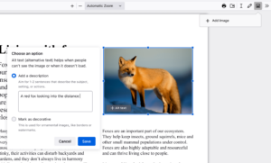 A PDF editor displaying a red fox photo with an alt-text box open, suggesting 
