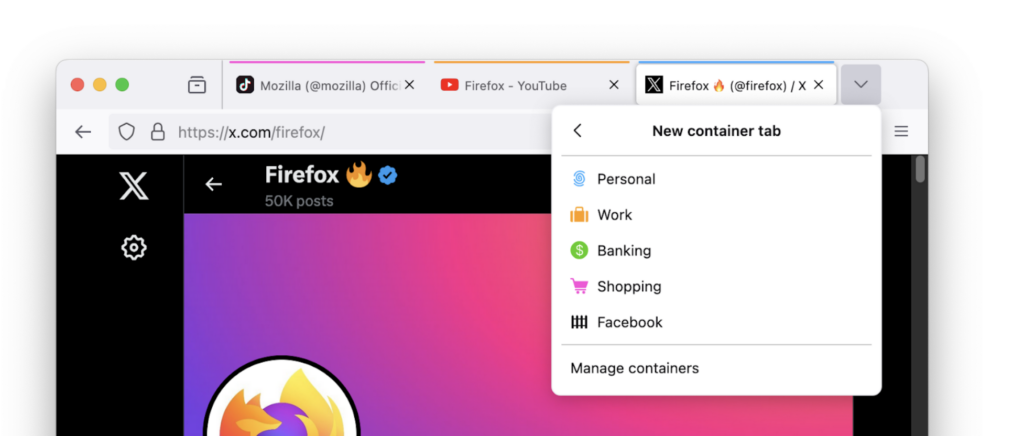 Screenshot of Firefox browser displaying the "New container tab" menu with options for Personal, Work, Banking, Shopping, and Facebook, alongside an open tab of X.com showing Firefox's profile with 50K posts.