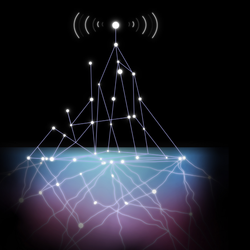 A glowing network pyramid with nodes connected by lines, emerging from an illuminated web beneath the surface, symbolizing interconnected communication and data flow.