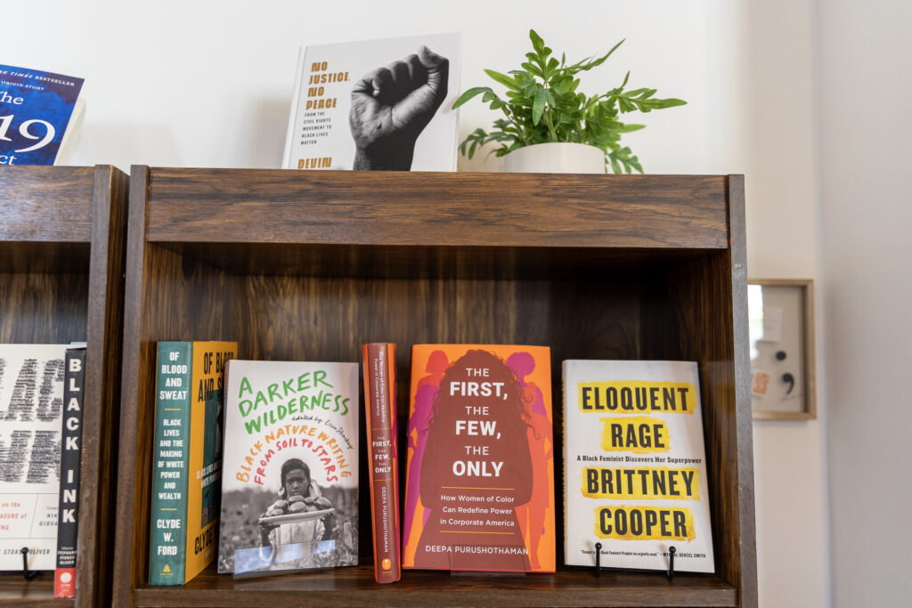 A bookshelf displaying books that highlight Black voices, including Eloquent Rage by Brittney Cooper and A Darker Wilderness by Erin Sharkey.