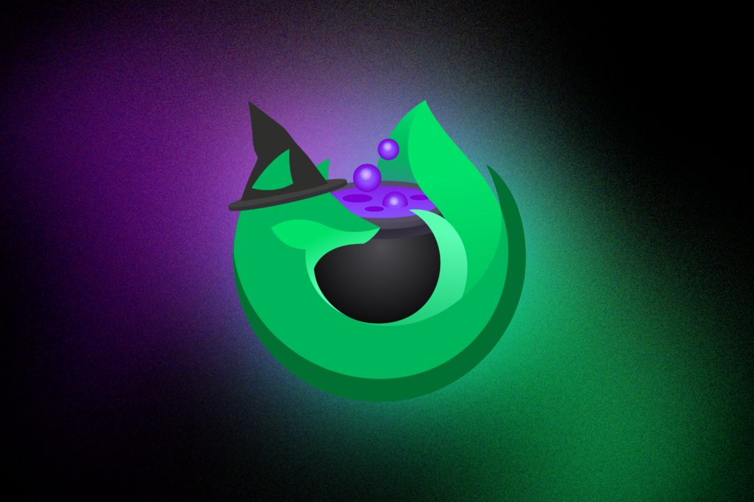 A green Firefox logo with a witch hat and cauldron filled with purple bubbles.