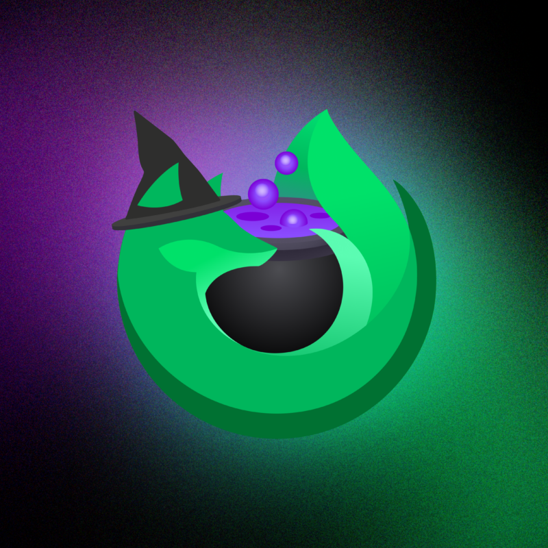 A green Firefox logo with a witch hat and cauldron filled with purple bubbles.