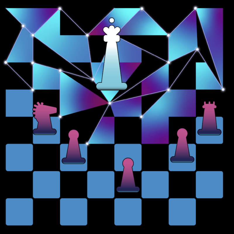 A futuristic chessboard with blue and purple tones, featuring connected glowing lines between pieces, including a queen, pawns, a knight, and a rook, suggesting a network or strategy concept.