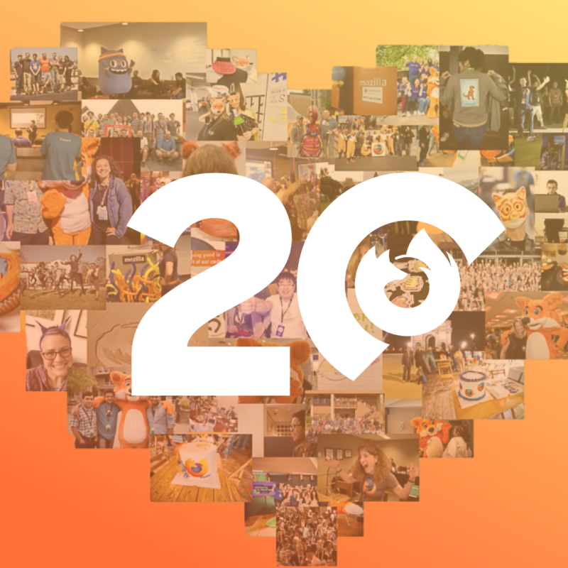 Collage of Firefox community photos arranged in a heart shape on an orange background, overlaid with a large number 20 featuring the Firefox logo inside the zero.