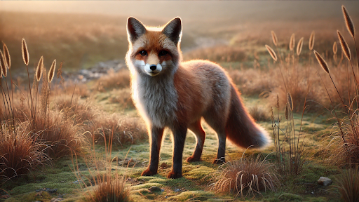 Image generated by DALL-E in response to a request for a photorealistic image of a fox standing in a grassy landscape. 