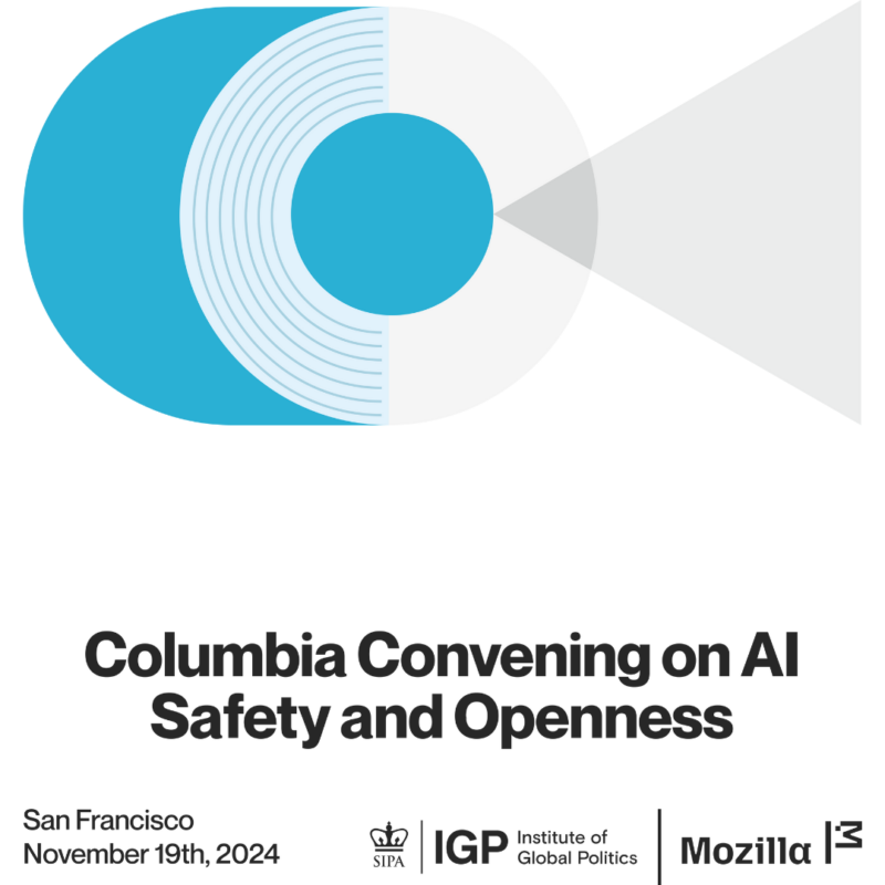 Logo for the Columbia Convening on AI Safety and Openness, featuring a stylized "C" in blue and white with radiating lines and a spotlight effect. Below, text reads "Columbia Convening on AI Safety and Openness, San Francisco, November 19th, 2024," alongside logos for SIPA, IGP, and Mozilla.