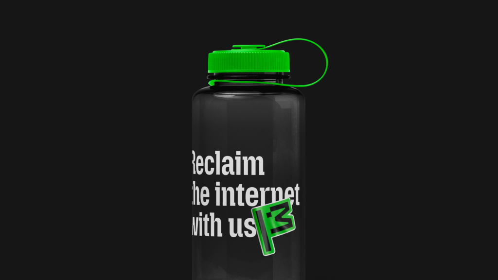 A black water bottle with bold white text that reads, "Reclaim the internet with us." It features a bright green lid and a sticker of the stylized "P3" logo attached to its surface.