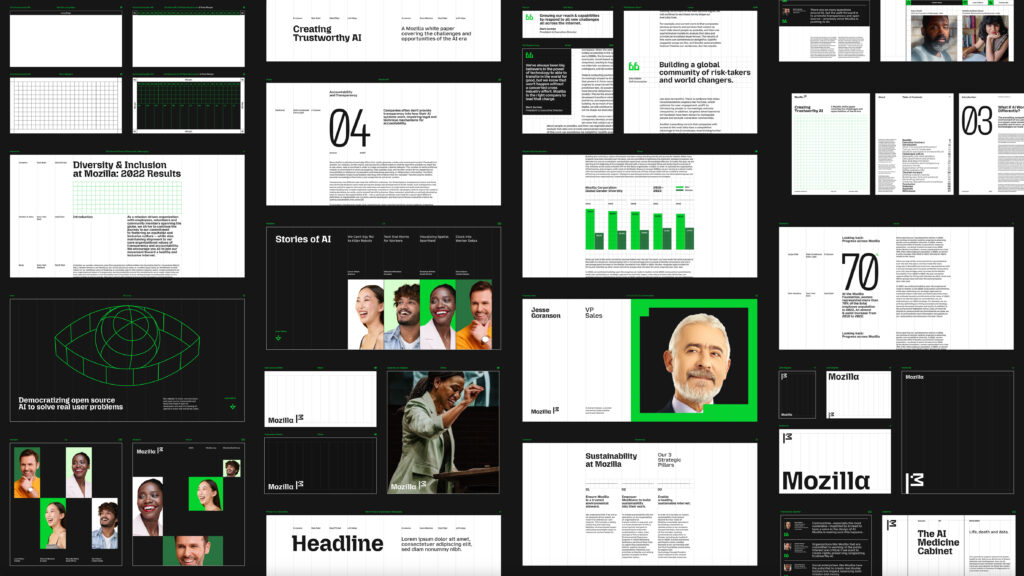 A dynamic collage of Mozilla-branded presentation slides and visuals, showcasing a mix of graphs, headlines, diverse portraits, and key messaging. Themes include "Diversity & Inclusion," "Trustworthy AI," and "Sustainability," with bold typography, a structured grid layout, green accents, and the stylized flag logo prominently featured.