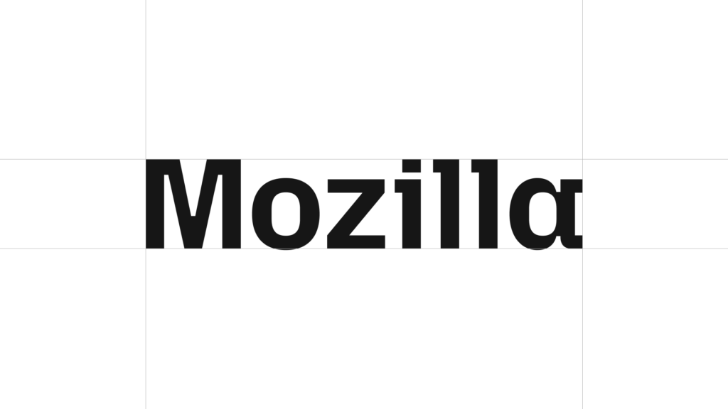 The word "Mozilla" displayed in bold, modern black typography on a white background, aligned with a precise grid system that emphasizes balance and structure.