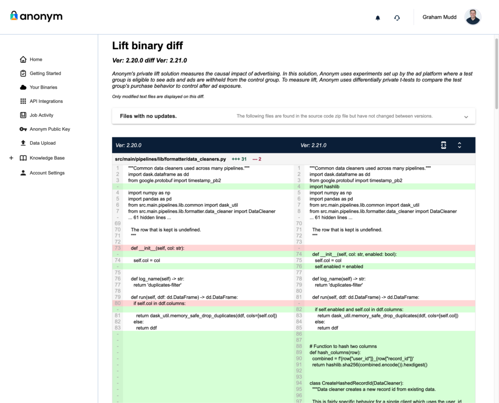 Screenshot of the "Lift Binary Diff" page in the Anonym Transparency Portal, comparing versions 2.20.0 and 2.21.0 of the Lift Binary. The header includes the Anonym logo, navigation links, and Graham Mudd's profile.

The page shows a binary description explaining how the solution measures the causal impact of advertising. Below it, a message indicates that only modified files are displayed in the diff, with unchanged files listed but omitted from the view.

The diff view compares the file src/main/pipelines/lib/formatter/data_cleaners.py between the two versions. Changes are highlighted:

    Additions are shown in green, such as the introduction of enabled as a parameter in the __init__ method and new logic to check self.enabled.
    Deletions are marked in red, such as lines without enabled logic in the earlier version.
    Updates include added functionality for hashing columns and generating a new record ID with clearer documentation.

This structured side-by-side comparison makes it easy to identify code changes between the binary versions.