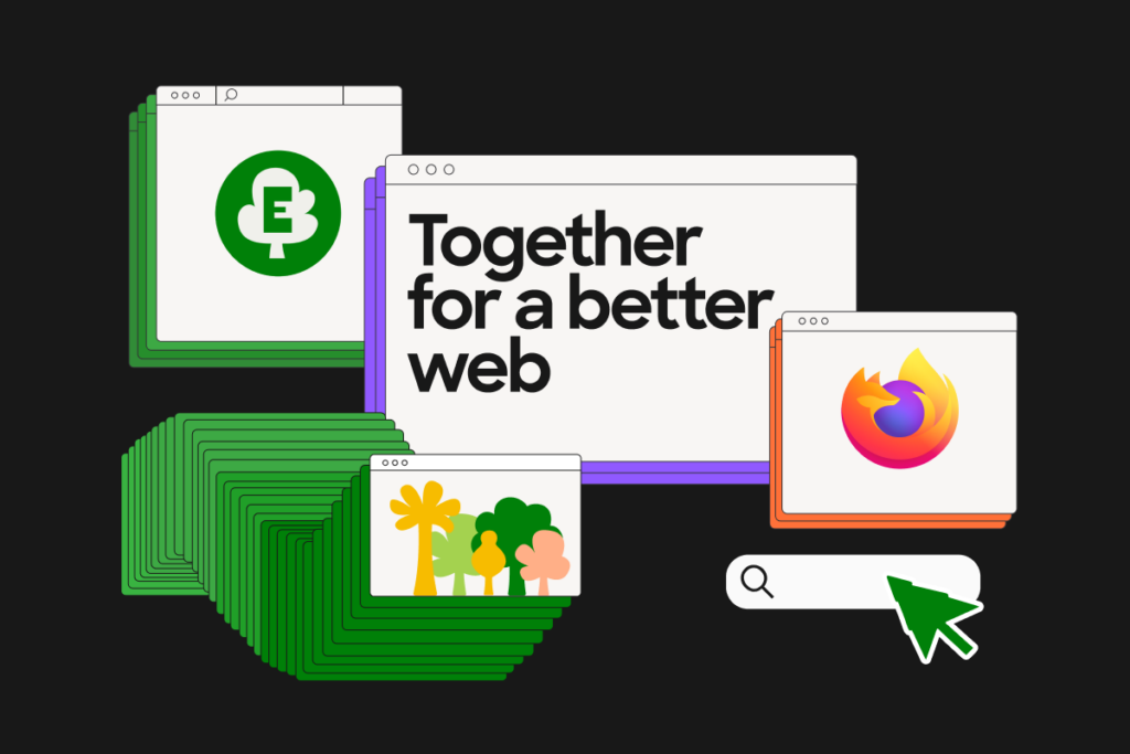 Illustration of overlapping browser windows with Ecosia's logo, a tree graphic, Firefox's logo, and the text "Together for a better web," alongside a search bar with a green cursor.