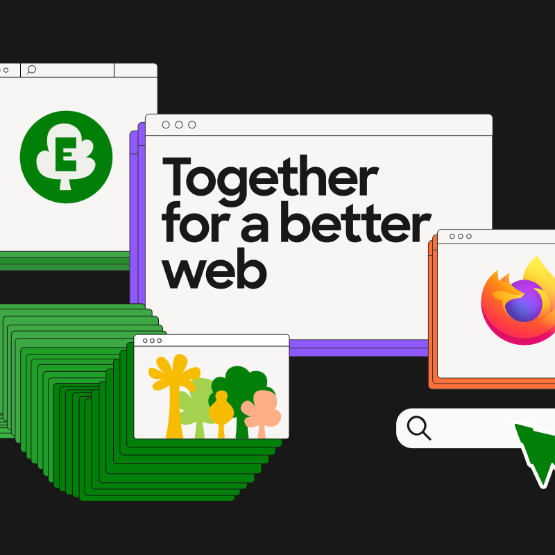 Illustration of overlapping browser windows with Ecosia's logo, a tree graphic, Firefox's logo, and the text "Together for a better web," alongside a search bar with a green cursor.