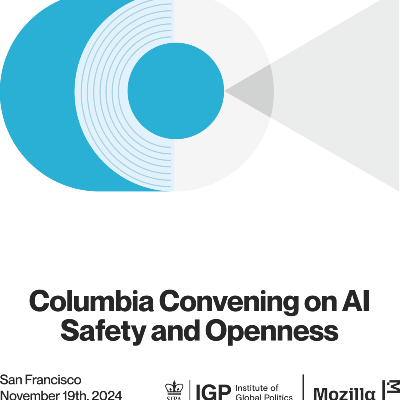 Logo for the Columbia Convening on AI Safety and Openness. It features a stylized circular design with blue and white elements resembling a spotlight, along with text reading "Columbia Convening on AI Safety and Openness, San Francisco, November 19th, 2024," and logos for SIPA, IGP, and Mozilla.