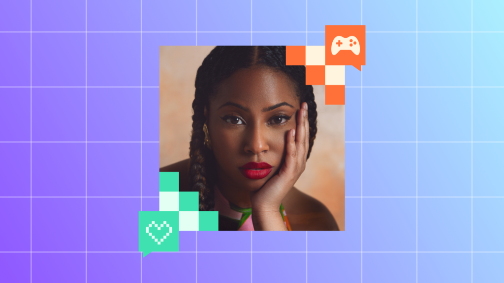 A person with braided hair and bold red lipstick rests their face on their hand, surrounded by a colorful grid background with gaming and heart icons.