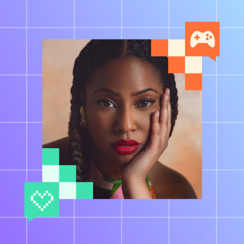 A person with braided hair and bold red lipstick rests their face on their hand, surrounded by a colorful grid background with gaming and heart icons.