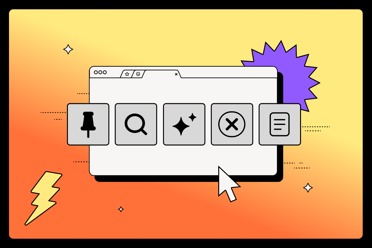 Illustration of a browser interface with five large icons: a pin, magnifying glass, sparkles, an "X," and a menu, set against a gradient orange and yellow background with playful shapes like lightning bolts and stars.