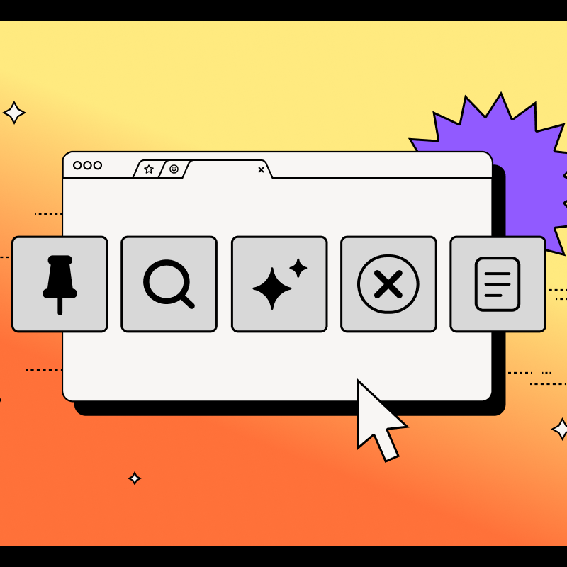 Illustration of a browser interface with five large icons: a pin, magnifying glass, sparkles, an "X," and a menu, set against a gradient orange and yellow background with playful shapes like lightning bolts and stars.