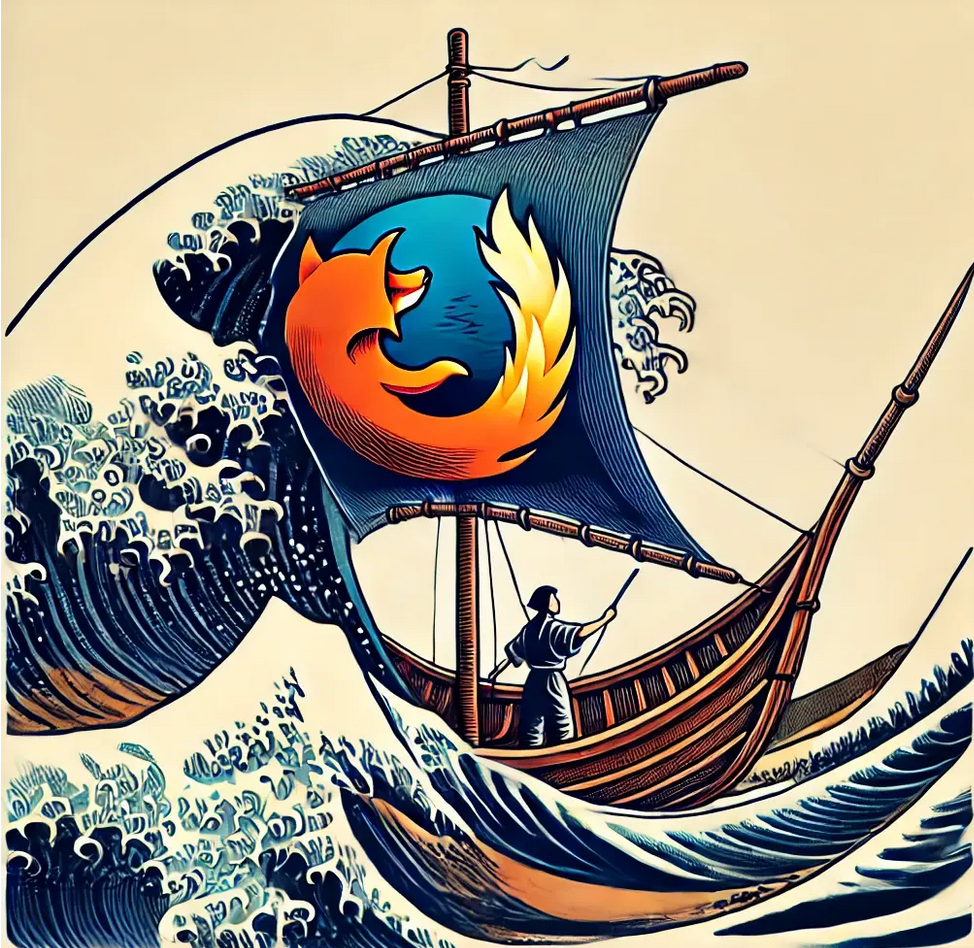 Image generated by DALL*E using the following prompt: A person standing on a platform in the ocean, surrounded by big waves. They are holding a sail with a big Firefox logo on it. Make it like Hokusai’s The Great Wave off Kanagawa print and make sure the boat looks like it can actually stay afloat