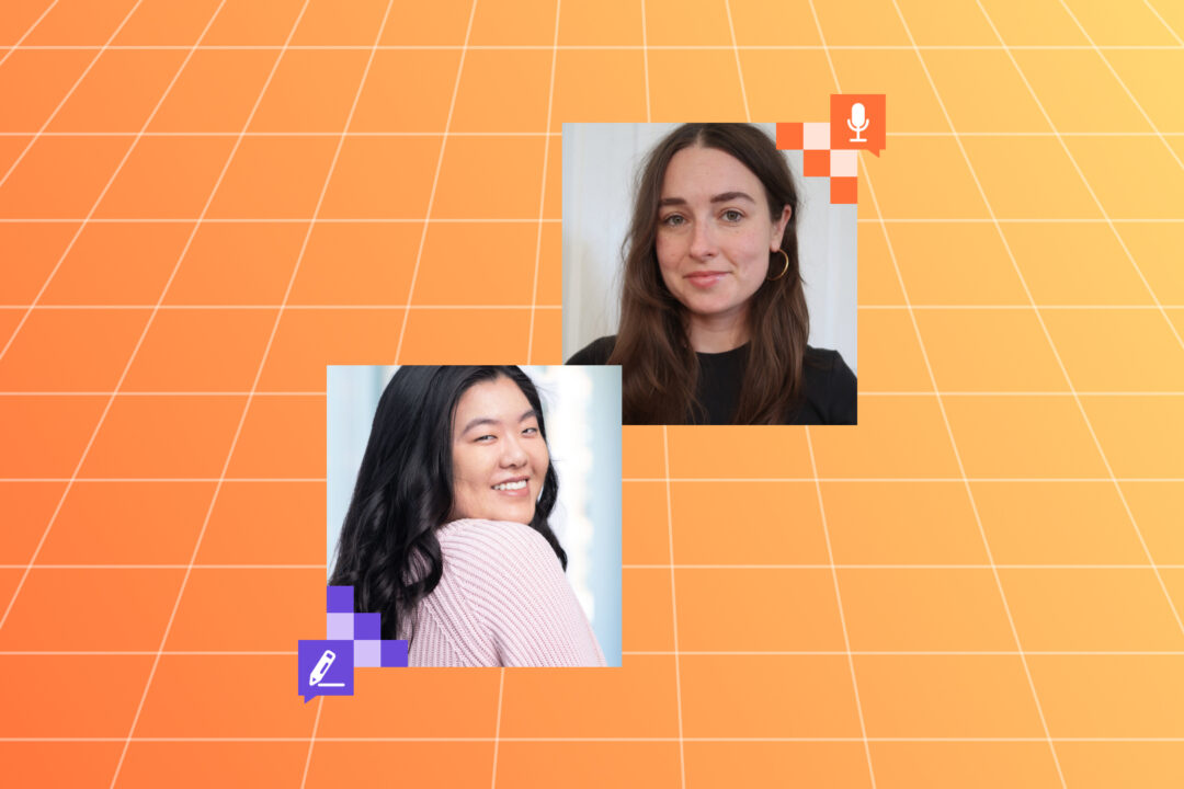 Two women are pictured in a grid-patterned orange background. The woman on the left smiles over her shoulder, wearing a pink sweater, with a pencil icon near her image. The woman on the right faces the camera with a neutral expression, wearing a black top, with a microphone icon near her image.