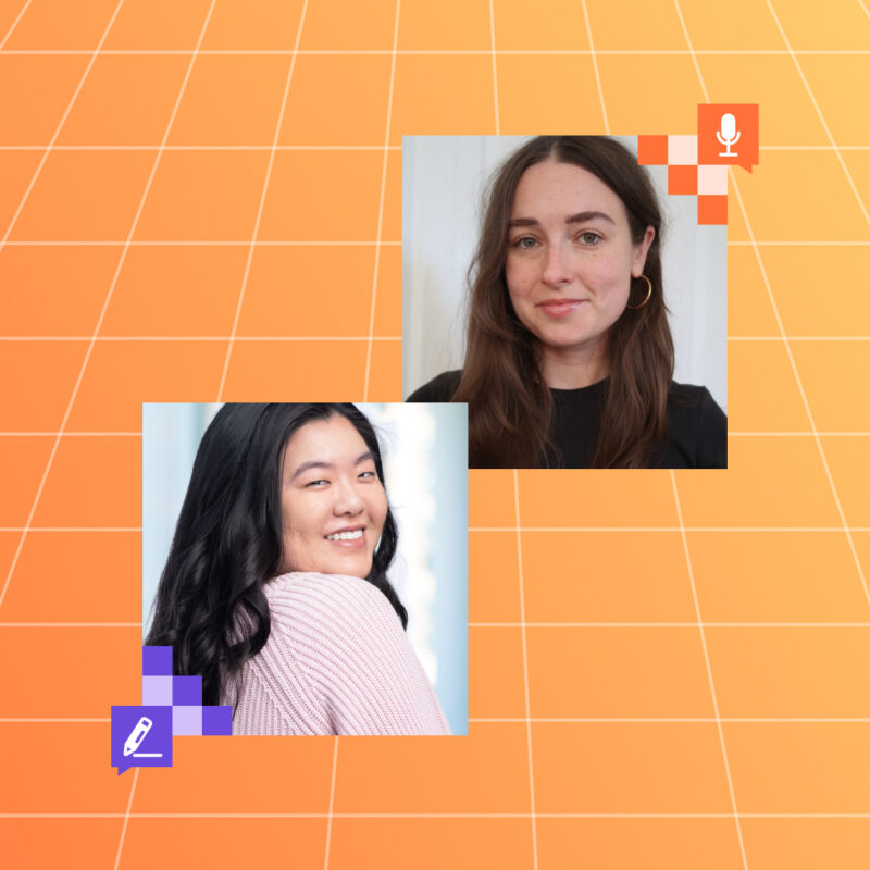 Two women are pictured in a grid-patterned orange background. The woman on the left smiles over her shoulder, wearing a pink sweater, with a pencil icon near her image. The woman on the right faces the camera with a neutral expression, wearing a black top, with a microphone icon near her image.