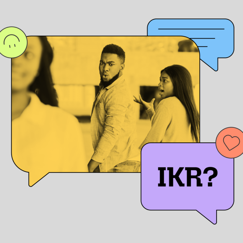 A meme-style image featuring a man looking back in surprise while his female companion gestures in disbelief, overlaid with colorful speech bubbles saying "IKR?" and emoji-style icons.