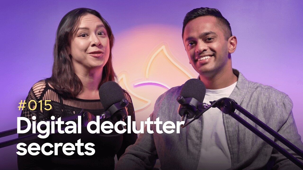 Two podcast hosts smiling at the camera with microphones in front of them. The background features a glowing Firefox logo, and text overlay reads "#015 Digital declutter secrets."