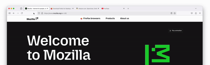 A Firefox browser window showing a "Mozilla" tab group collapsing, with individual tabs combining into a single group tab.