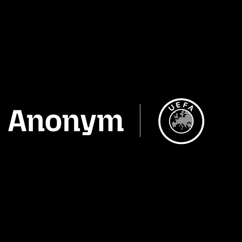 Black background, white text that reads Anonym paired with the UEFA logo