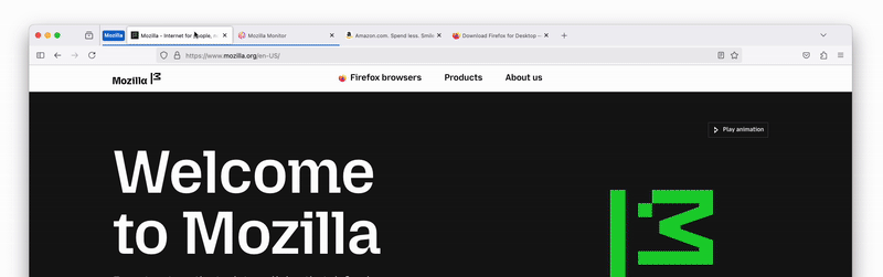 A Firefox browser window showing a tab being dragged into the "Mozilla" tab group.