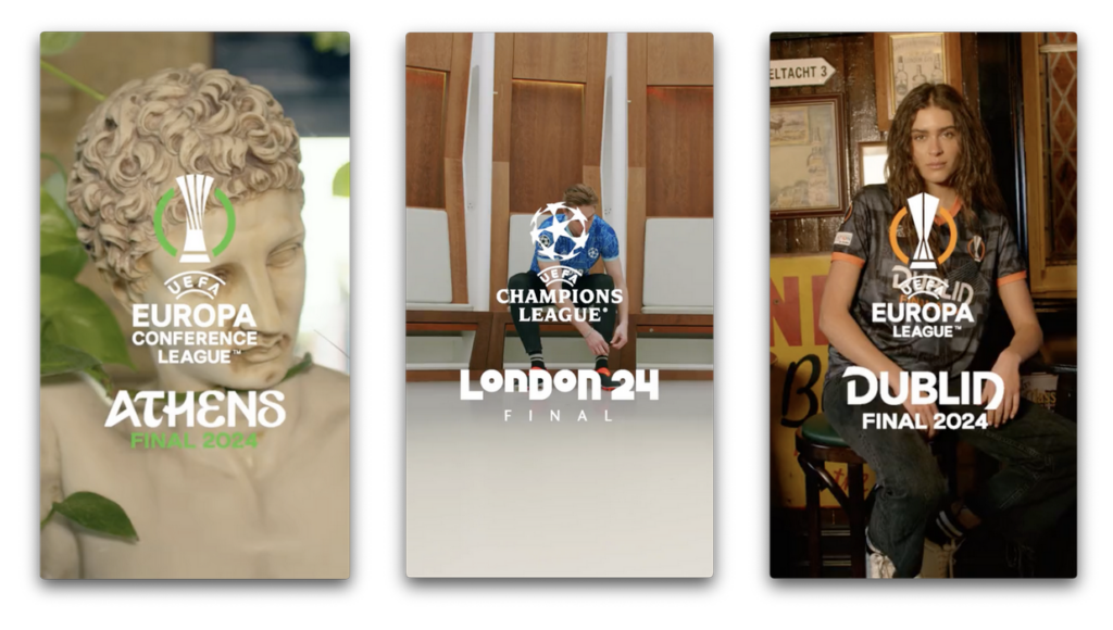  Three vertical UEFA promo posters for 2024 finals: Athens for the Europa Conference League with a marble statue, London for the Champions League with a player in a locker room, and Dublin for the Europa League featuring a woman in a pub wearing team gear.
