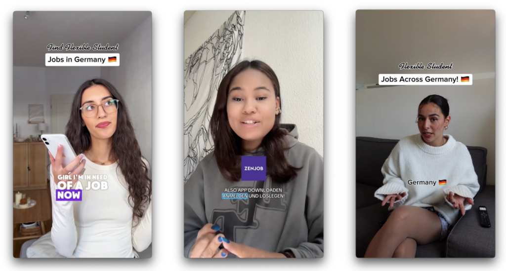 Three young women in different indoor settings talk about finding flexible student jobs in Germany; text overlays include phrases like "Jobs in Germany 🇩🇪", "ZENJOB", and "OF A JOB NOW".