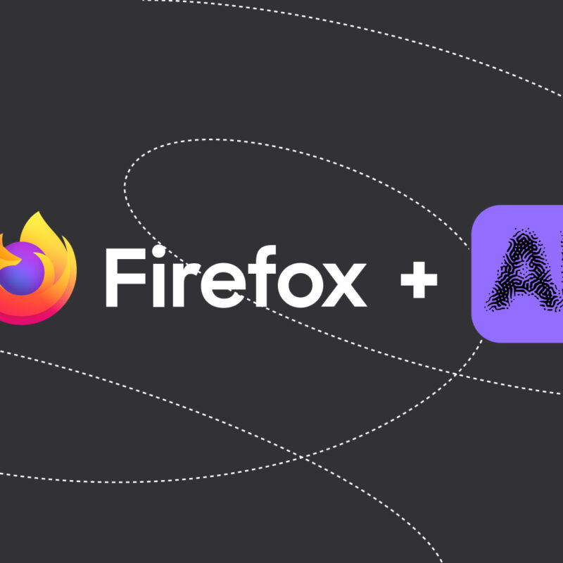 Firefox logo next to a purple square labeled “AI” on a dark background with curved dotted lines and small icon illustrations.