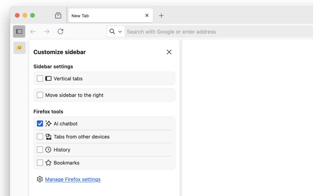 Firefox browser window showing the “Customize sidebar” panel, with options to enable vertical tabs and move the sidebar to the right. Under “Firefox tools,” the “AI chatbot” is checked, while “Tabs from other devices,” “History,” and “Bookmarks” are unchecked. A link to “Manage Firefox settings” is at the bottom.