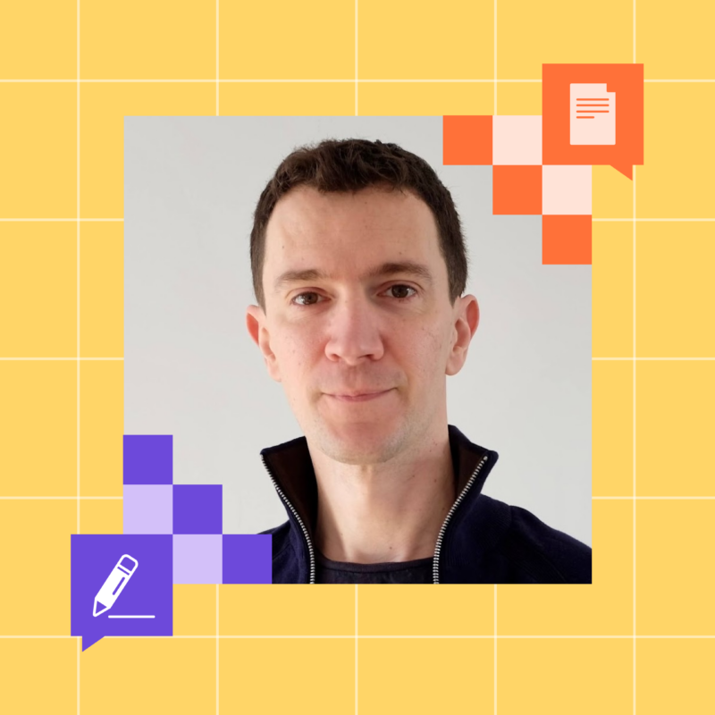 Florent, wearing a dark zip-up sweater, looks directly at the camera with a neutral expression. The background is plain and light-colored, framed by a yellow grid with Mozilla-style speech bubble icons in orange and purple.
