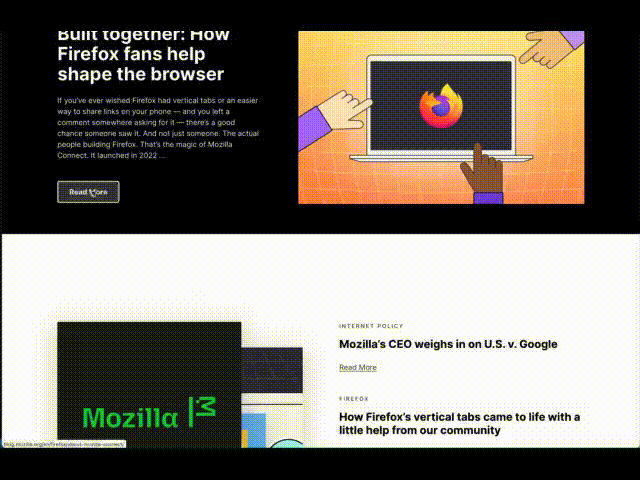 Animated demo of a Firefox feature showing link previews while scrolling through web content with keyboard navigation.