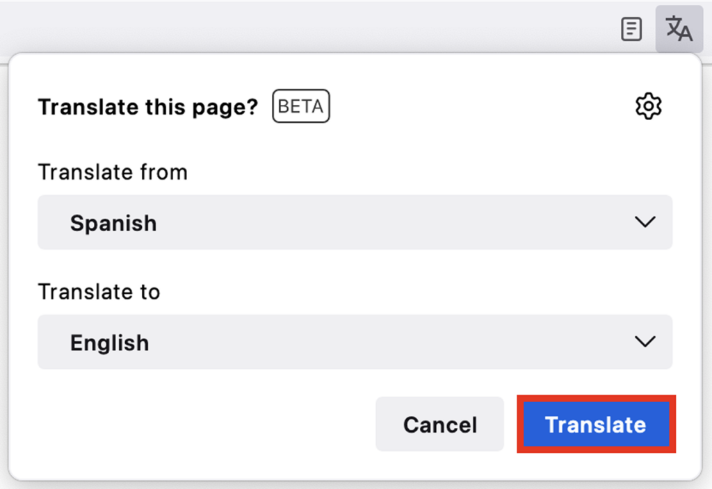 Browser popup prompting to translate a page from Spanish to English, with the “Translate” button highlighted in blue.