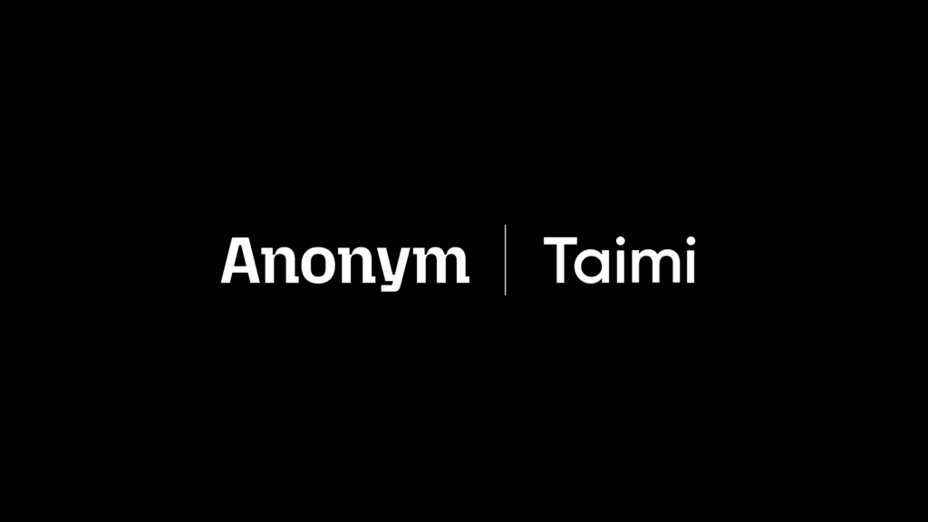 Taimi logo and Anonym logo side by side on a black background.