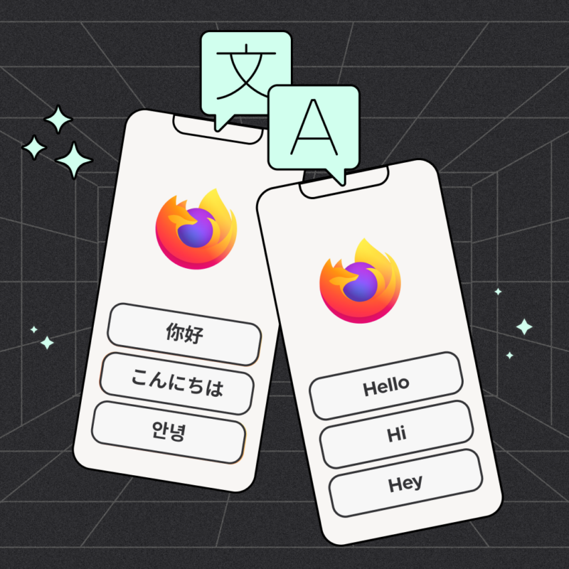 Two smartphone screens display the Firefox logo above translated greetings. The left phone shows greetings in Chinese (你好), Japanese (こんにちは), and Korean (안녕). The right phone shows English equivalents: "Hello," "Hi," and "Hey." Above the screens are speech bubbles with language icons—one showing a Chinese character (文) and the other a Latin letter "A." The background is a dark grid-like tunnel with sparkles, suggesting translation or localization technology.