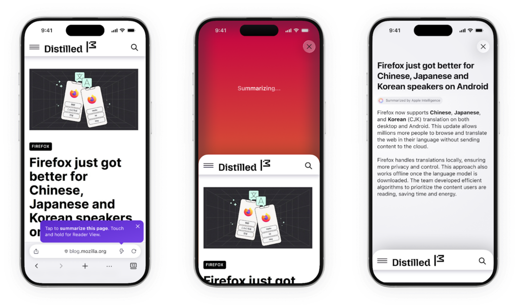 Three smartphone screens showing Firefox article summarized with Apple Intelligence on translation updates for Chinese, Japanese, and Korean users.