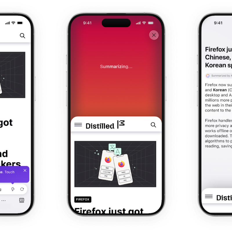 Three smartphone screens showing Firefox article summarized with Apple Intelligence on translation updates for Chinese, Japanese, and Korean users.