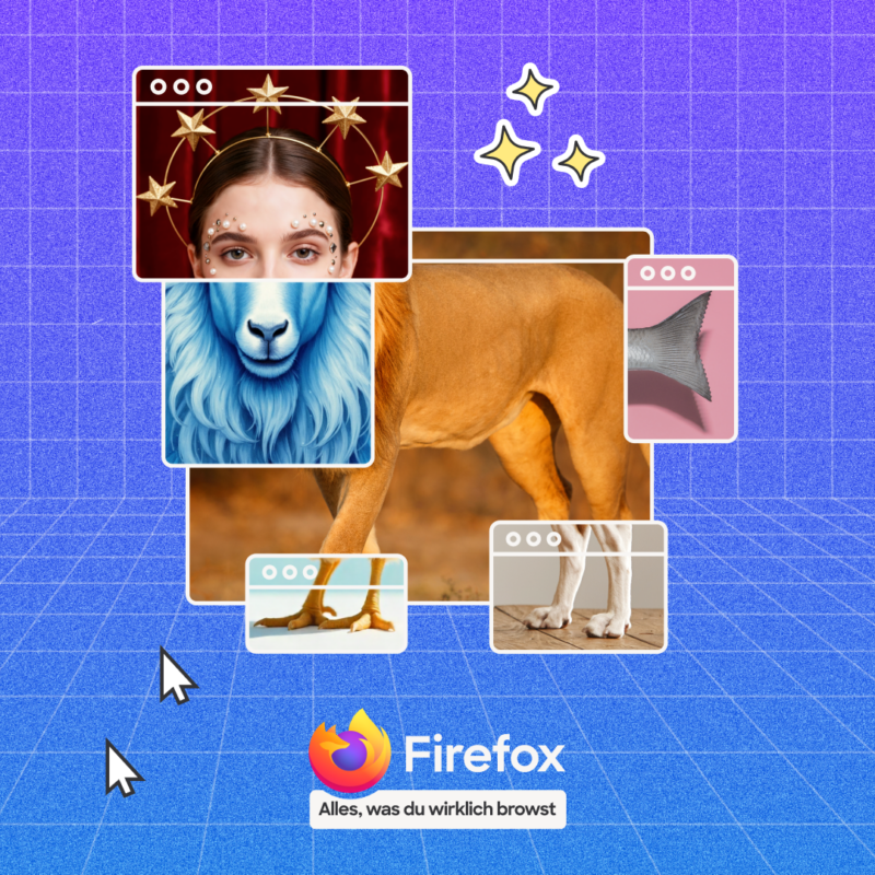 Firefox Anzeigen-Collage, kombiniert Körperteile von Tieren und Menschen auf einem lila Raster-Hintergrund mit dem Firefox-Logo und der Tagline „Alles, was du wirklich browst.