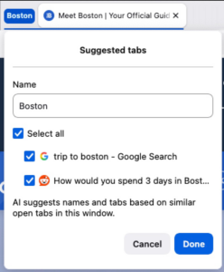 Browser pop-up suggesting related tabs for a Boston trip using AI-based grouping