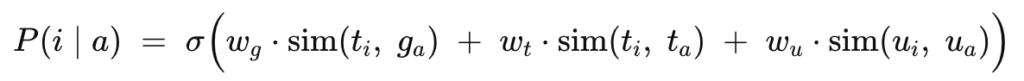 Mathematical formula showing conditional probability using weighted similarity and sigmoid function
