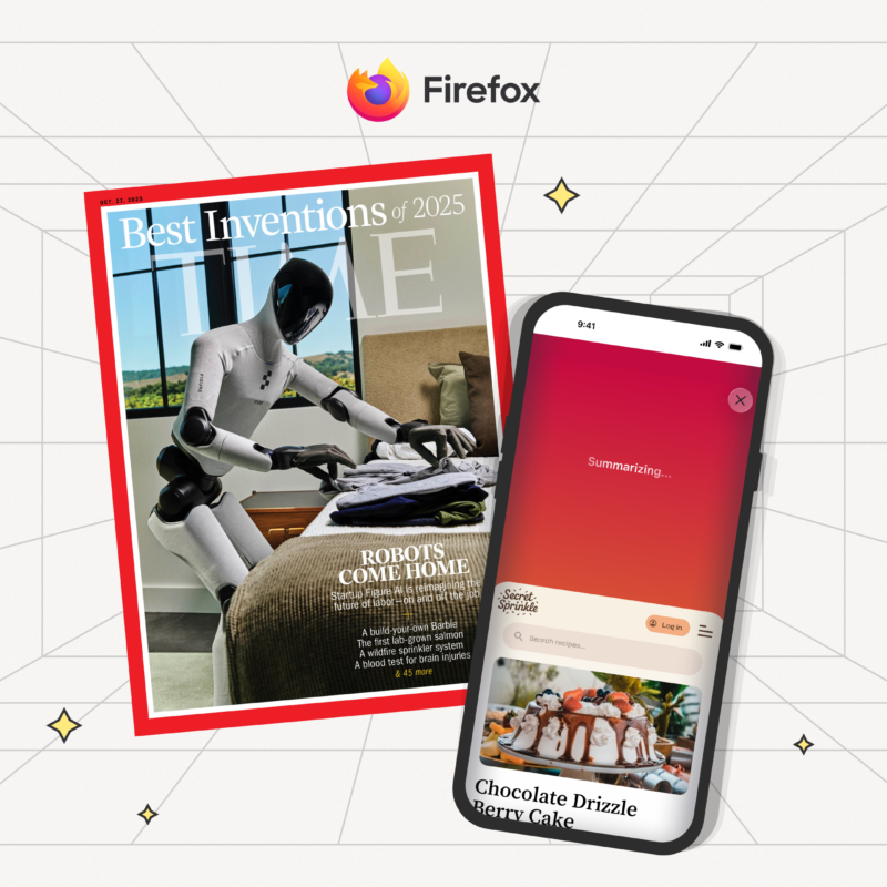 Illustration featuring a TIME magazine cover titled “Best Inventions of 2025,” showing a humanoid robot folding clothes, alongside a smartphone displaying the Firefox logo and a screen reading “Summarizing…” with a dessert recipe below it.