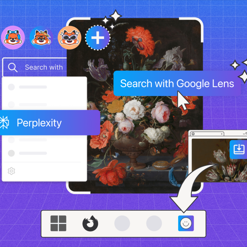llustration showing Firefox’s browser interface with a focus on search options. A bar labeled “Search with Google Lens” overlaps an image of a floral painting, while another option labeled “Perplexity” appears below it. A small browser window shows a cropped view of the same artwork. The Firefox toolbar is visible at the bottom with a highlighted smiley face icon. The background is a gradient of purple and blue with grid lines and sparkles, conveying a playful, tech-inspired design.