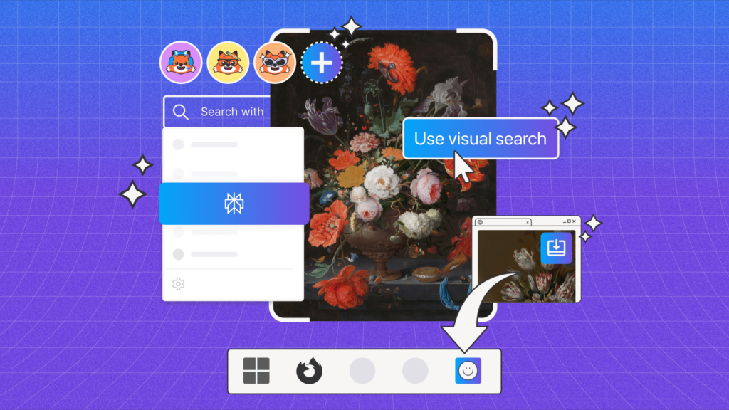 llustration showing Firefox’s browser interface with a focus on search options. A bar labeled “Use visual search” overlaps an image of a floral painting, while another option labeled “with the Perplexity icon” appears below it. A small browser window shows a cropped view of the same artwork. The Firefox toolbar is visible at the bottom with a highlighted smiley face icon. The background is a gradient of purple and blue with grid lines and sparkles, conveying a playful, tech-inspired design.