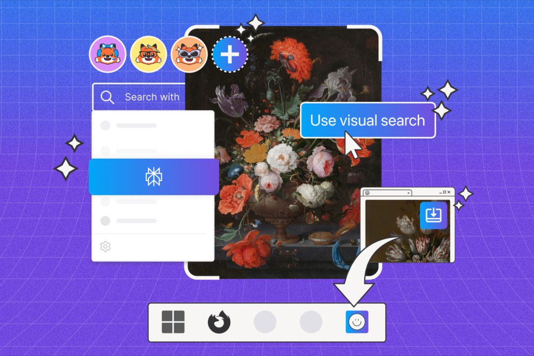 llustration showing Firefox’s browser interface with a focus on search options. A bar labeled “Use visual search” overlaps an image of a floral painting, while another option labeled “with the Perplexity icon” appears below it. A small browser window shows a cropped view of the same artwork. The Firefox toolbar is visible at the bottom with a highlighted smiley face icon. The background is a gradient of purple and blue with grid lines and sparkles, conveying a playful, tech-inspired design.