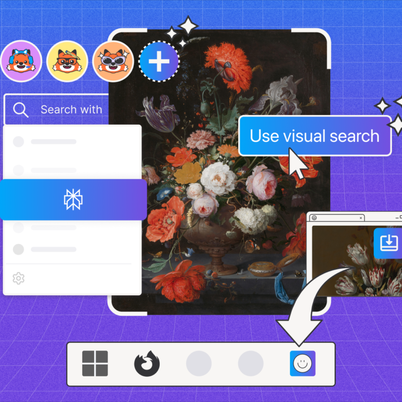 llustration showing Firefox’s browser interface with a focus on search options. A bar labeled “Use visual search” overlaps an image of a floral painting, while another option labeled “with the Perplexity icon” appears below it. A small browser window shows a cropped view of the same artwork. The Firefox toolbar is visible at the bottom with a highlighted smiley face icon. The background is a gradient of purple and blue with grid lines and sparkles, conveying a playful, tech-inspired design.
